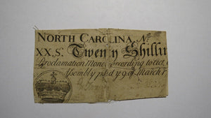 1754 Twenty Shillings North Carolina NC Colonial Currency Note Bill! RARE 20s!