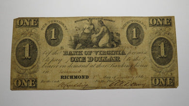 $1 1862 Richmond Virginia VA Obsolete Currency Bank Note Bill! Bank of Virginia