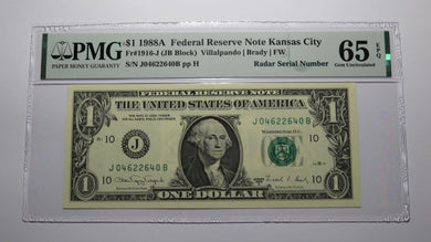 $1 1988 Radar Serial Number Federal Reserve Currency Bank Note Bill PMG UNC65EPQ
