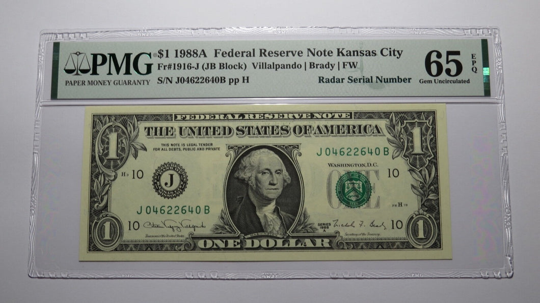$1 1988 Radar Serial Number Federal Reserve Currency Bank Note Bill PMG UNC65EPQ