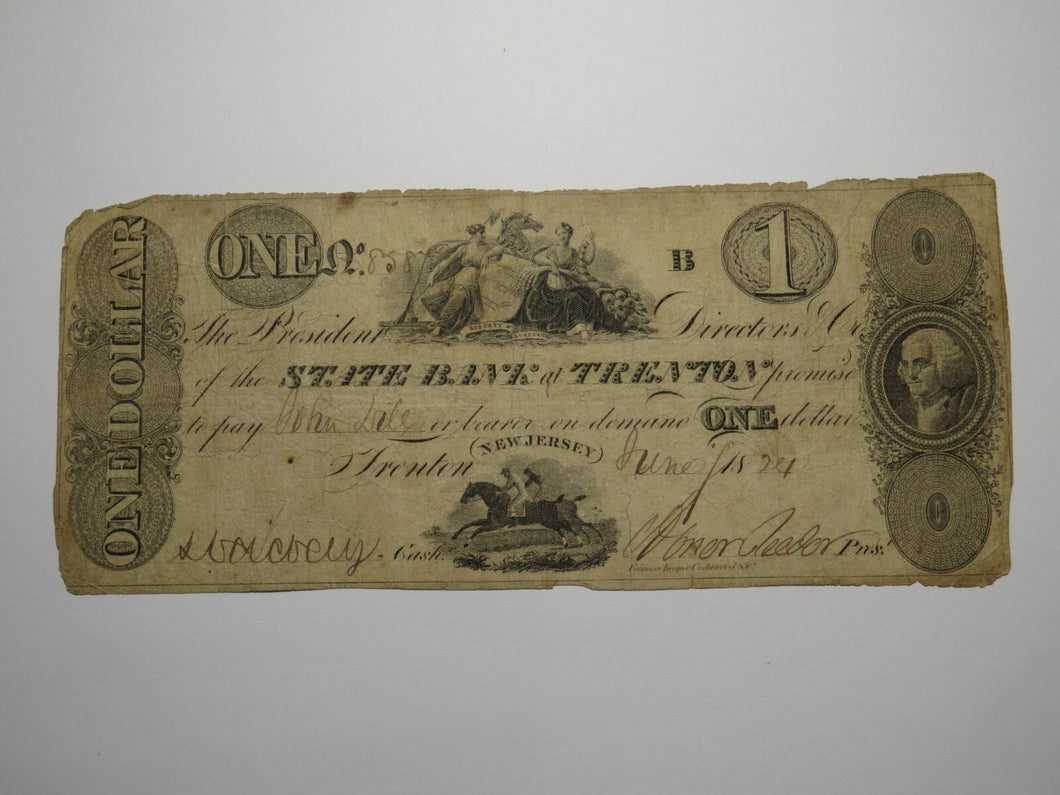 $1 1824 Trenton New Jersey NJ Obsolete Currency Bank Note Bill State Bank