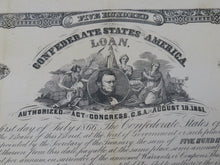 Load image into Gallery viewer, $500 1862 Confederate Bond Certificate Currency Bank Note Bill UNC 14&quot; X 10&quot;