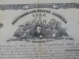 $500 1862 Confederate Bond Certificate Currency Bank Note Bill UNC 14" X 10"