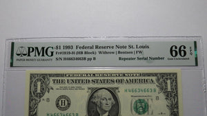 $1 1993 Repeater Serial Number Federal Reserve Currency Bank Note Bill PMG UNC66