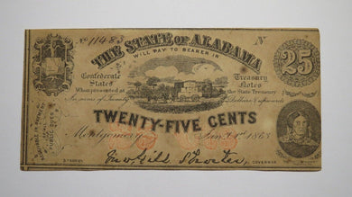 $.25 1863 Montgomery Alabama Obsolete Currency Bank Note Bill AU! Plate N