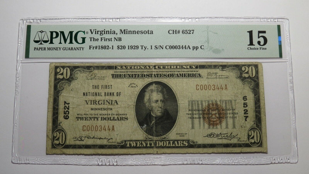 $20 1929 Virginia Minnesota MN National Currency Bank Note Bill #6527 F15 PMG