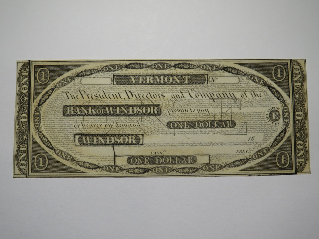 $1 18__ Windsor Vermont VT Obsolete Currency Bank Note Bill Remainder UNC++++