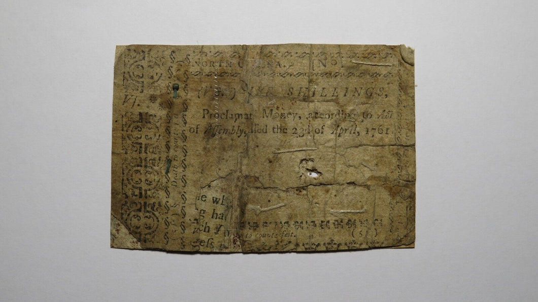 1761 Five Shillings North Carolina NC Colonial Currency Note Bill! RARE Issue 5s