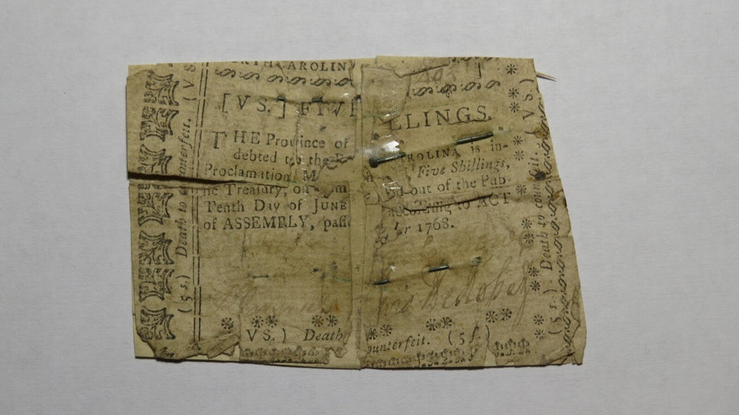 1768 Five Shillings North Carolina NC Colonial Currency Note Bill RARE 5s USA