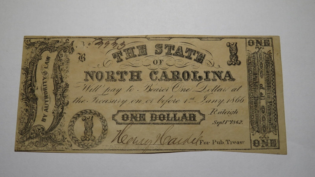 $1 1862 Raleigh North Carolina NC Obsolete Currency Bank Note Bill! State of NC