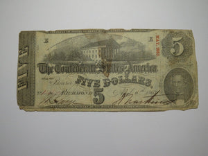 $5 1863 Richmond Virginia VA Confederate Currency Bank Note Bill RARE T60!