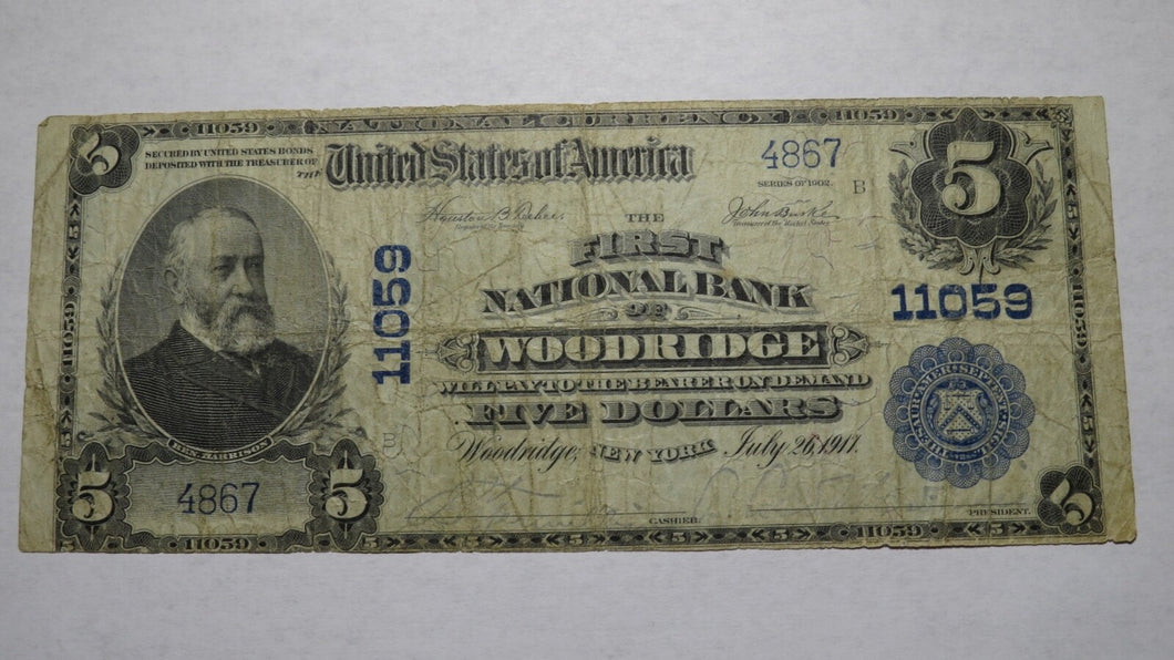 $5 1902 Woodridge New York NY National Currency Bank Note Bill Ch. #11059 RARE