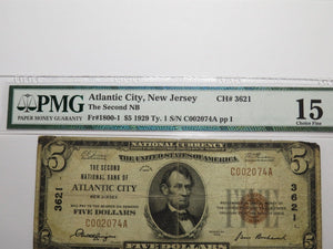 $5 1929 Atlantic City New Jersey NJ National Currency Bank Note Bill #3621 RARE
