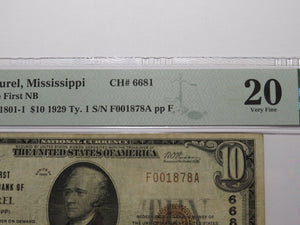 $10 1929 Laurel Mississippi National Currency Bank Note Bill Ch. #6681 VF20 PMG