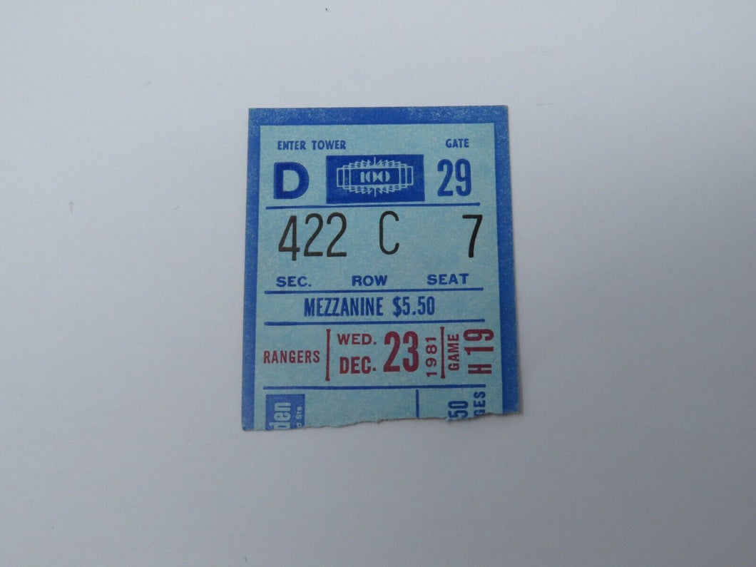 December 23, 1981 New York Rangers Vs Winnipeg Jets NHL Hockey Ticket Stub