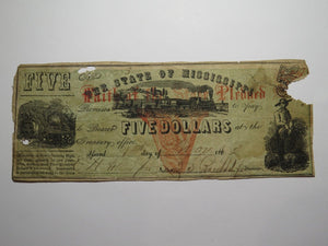 $5 1862 Jackson Mississippi MS Obsolete Currency Bank Note Bill Cotton Pledged