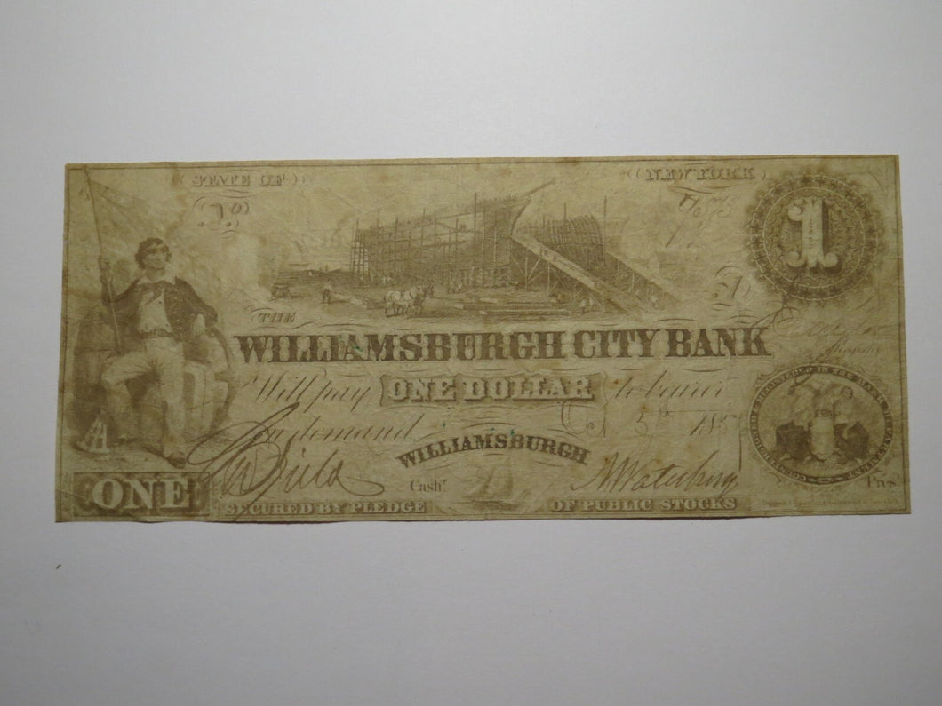 $1 1857 Williamsburgh New York NY Obsolete Currency Bank Note Bill City Bank