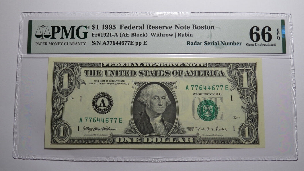 $1 1995 Radar Serial Number Federal Reserve Currency Bank Note Bill PMG UNC66EPQ