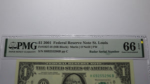 $1 2001 Radar Serial Number Federal Reserve Currency Bank Note Bill PMG UNC66EPQ