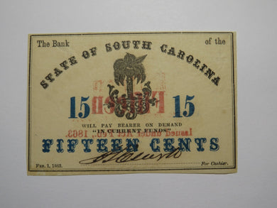 $.15 1863 Charleston South Carolina Obsolete Currency Bank Note State of SC UNC+