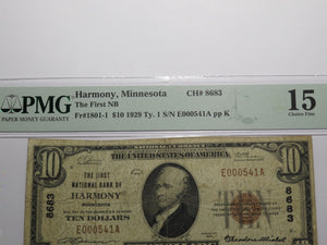 $10 1929 Harmony Minnesota MN National Currency Bank Note Bill Ch. #8683 F15 PMG