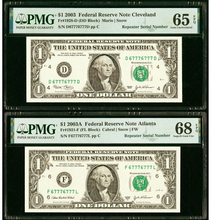 Load image into Gallery viewer, 2 $1 2003 Matching Fancy Repeater Serial Numbers Federal Reserve Bank Bills PMG