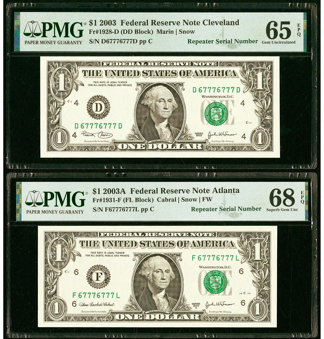 2 $1 2003 Matching Fancy Repeater Serial Numbers Federal Reserve Bank Bills PMG