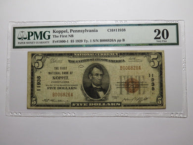 $5 1929 Koppel Pennsylvania National Currency Bank Note Bill Ch. #11938 VF20 PMG