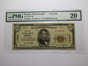 $5 1929 Koppel Pennsylvania National Currency Bank Note Bill Ch. #11938 VF20 PMG
