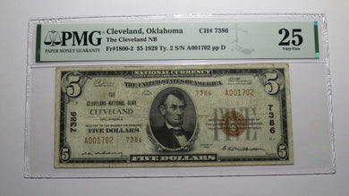 $5 1929 Cleveland Oklahoma OK National Currency Bank Note Bill Ch. 7386 VF25 PMG