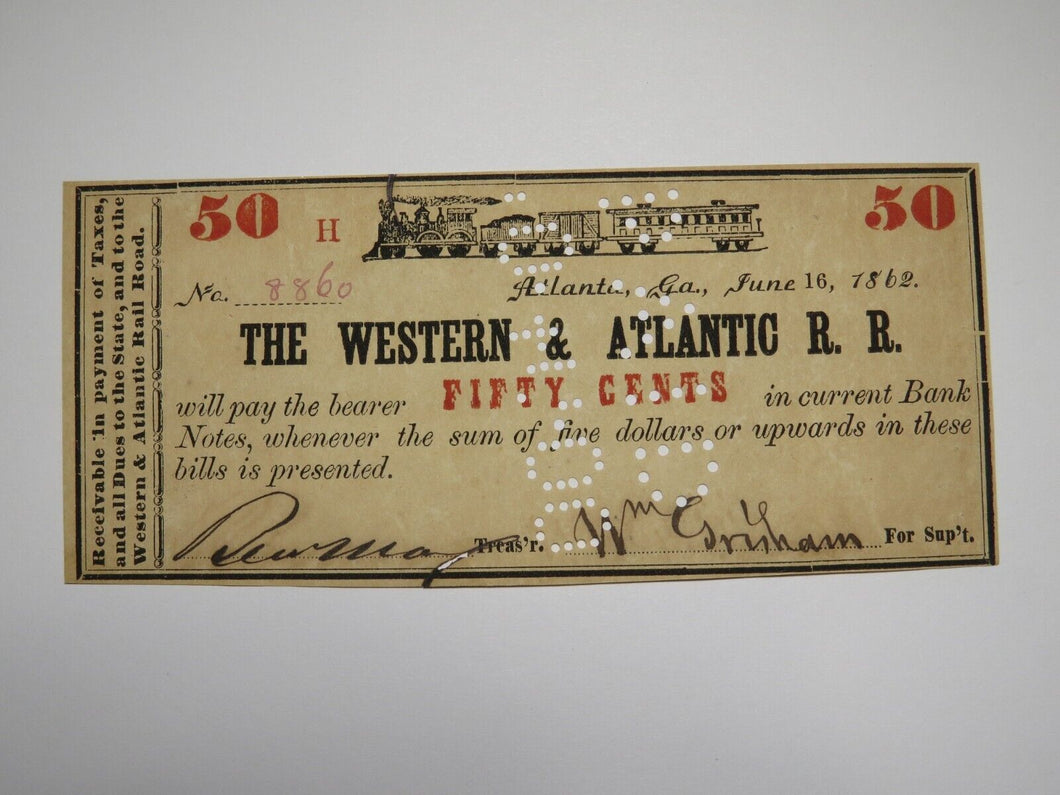$.50 1862 Atlanta Georgia Obsolete Currency Bank Note Bill Western Atlantic RR