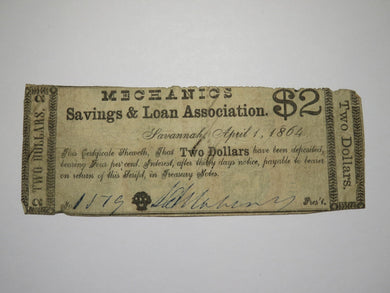 $2 1864 Savannah Georgia GA Obsolete Currency Bank Note Bill Mechanics Savings