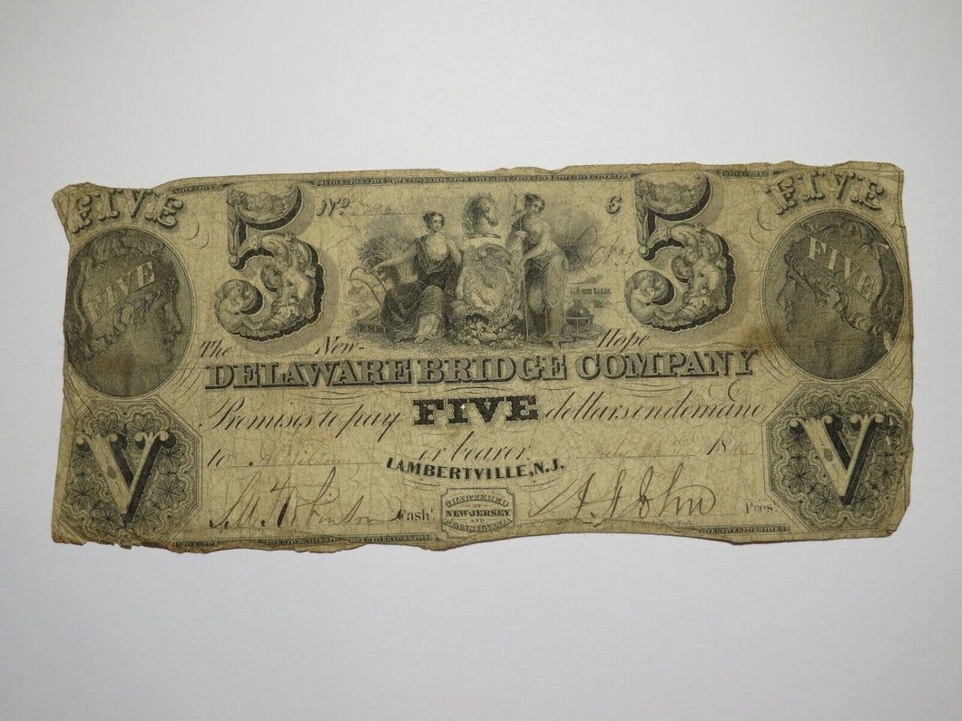 $5 1845 Lambertville New Jersey Obsolete Currency Bank Note Bill Delaware Bridge