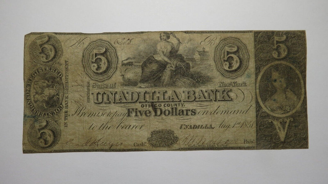$5 1851 Unadilla New York NY Obsolete Currency Bank Note Bill The Unadilla Bank