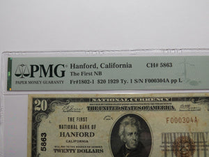 $20 1929 Hanford California National Currency Bank Note Bill Ch. #5863 VF30