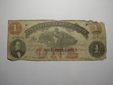 $1 1862 Richmond Virginia VA Obsolete Currency Treasury Bank Note Bill