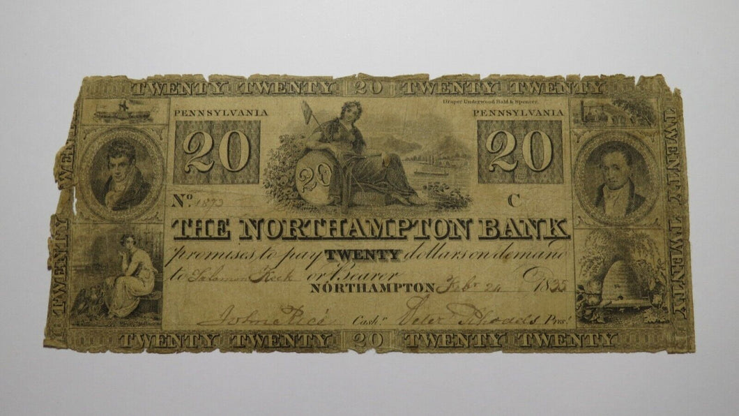 $20 1835 Northampton Pennsylvania PA Obsolete Currency Bank Note Bill RARE Issue