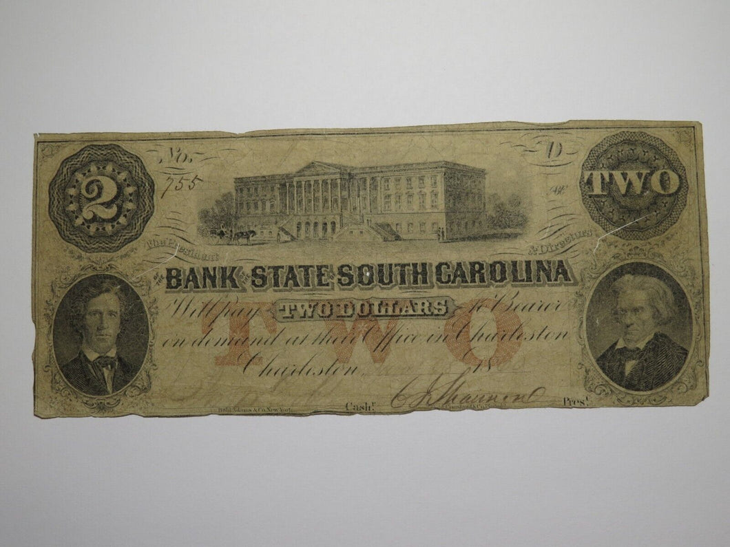$2 1862 Charleston South Carolina SC Obsolete Currency Bank Note Bill Bank of SC
