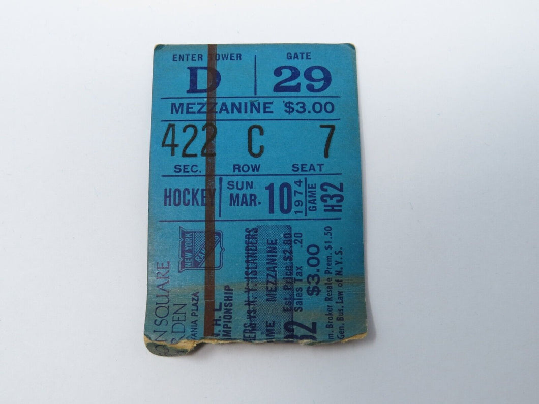 March 10, 1974 New York Rangers Vs New York Islanders NHL Hockey Ticket Stub