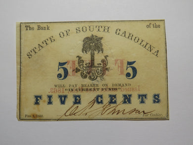 $.05 1863 Charleston South Carolina Obsolete Currency Bank Note State of SC USA
