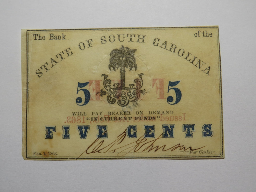 $.05 1863 Charleston South Carolina Obsolete Currency Bank Note State of SC USA