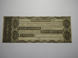 $5 18__ Windsor Vermont VT Obsolete Currency Bank Note Bill Remainder Rare UNC+