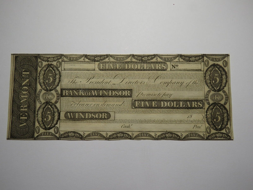 $5 18__ Windsor Vermont VT Obsolete Currency Bank Note Bill Remainder Rare UNC+