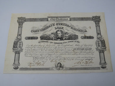 $1,000 1862 Confederate Bond Certificate Currency Bank Note Bill UNC 14