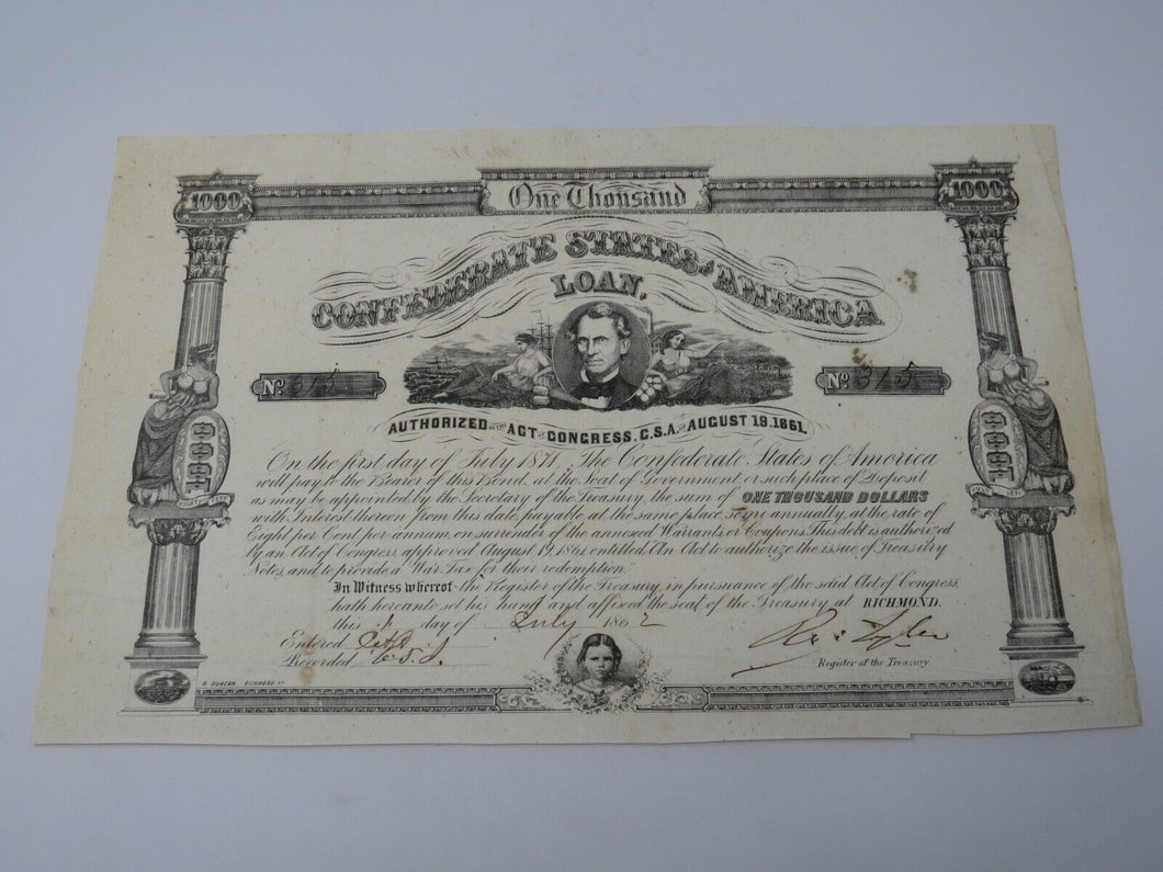 $1,000 1862 Confederate Bond Certificate Currency Bank Note Bill UNC 14