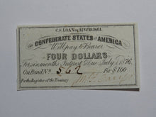 Load image into Gallery viewer, $4 1861 Confederate Bond Coupon Certificate Currency Bank Note Bill UNC