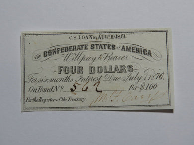 $4 1861 Confederate Bond Coupon Certificate Currency Bank Note Bill UNC