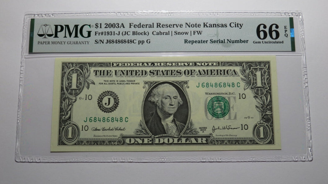 $1 2003 Repeater Serial Number Federal Reserve Currency Bank Note Bill PMG UNC66