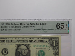 $1 1988 Fancy Radar Serial Number Federal Reserve Currency Note Bill #31333313