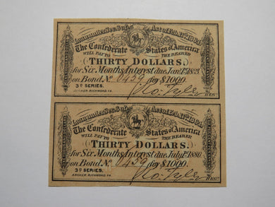 $30 1864 Confederate Bond Coupon Certificate Uncut Sheet Currency Bank Note Bill